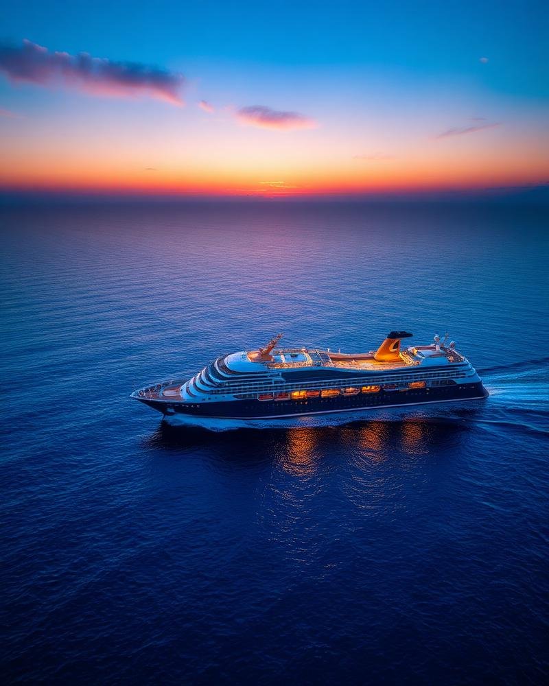 Gran crucero navegando por el Mediterráneo al atardecer